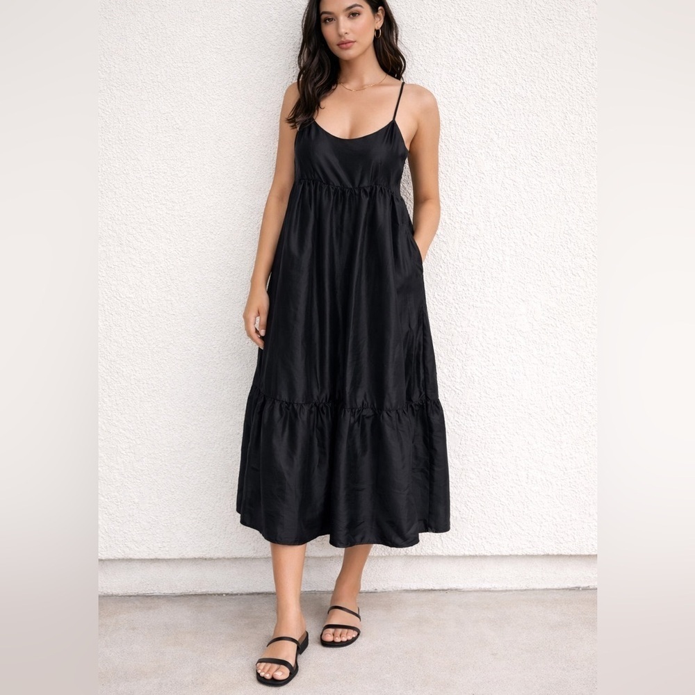 Chelsea & Violet Dress Womens 10 Midi Black Tiered Satin Y